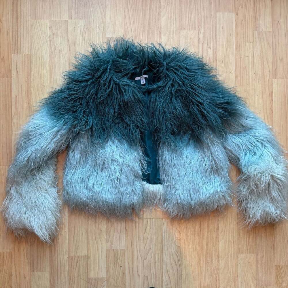 Bar III Ombre Green Teal Turquoise Emerald Shaggy Faux Fur Crop Jacket